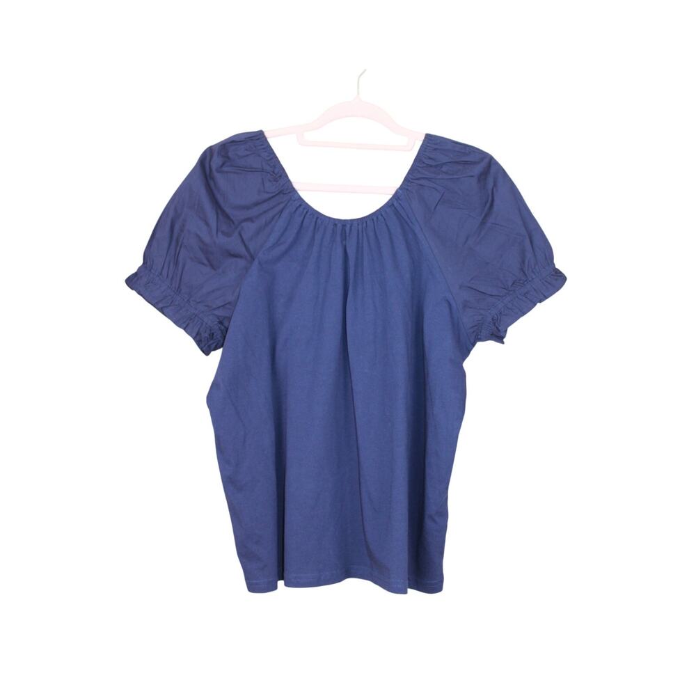 J Crew Navy Blue Short Puffy Sleeve Cotton Cutout Back Casual Peasant Top Size L
